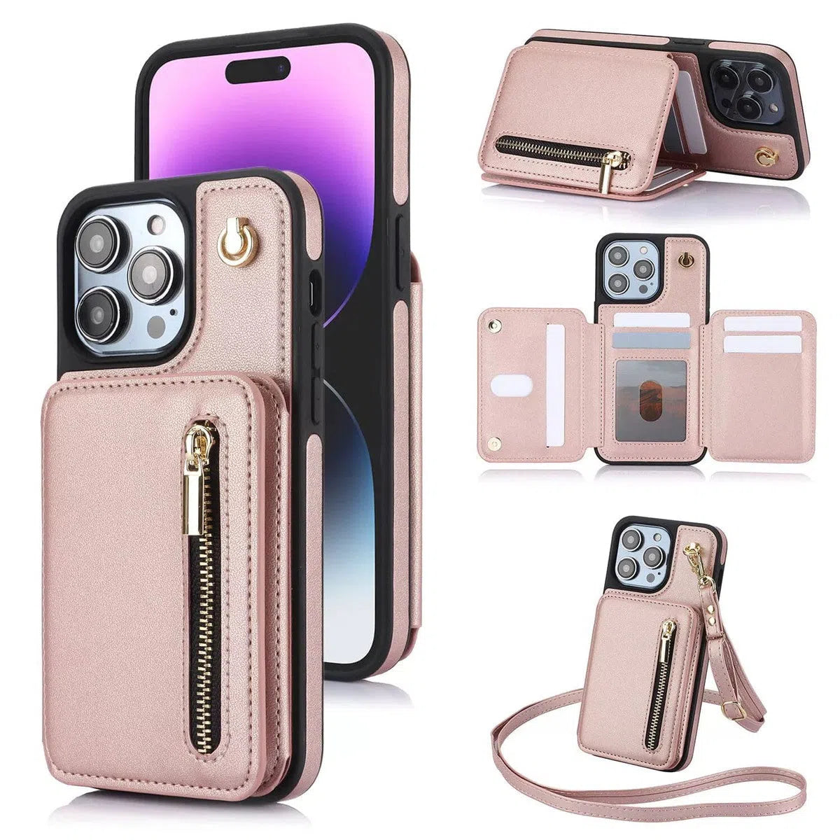 Buy Wallet Crossbody Case for iPhone with RFID Blocking Card Holders Zipper Purse Storage Kickstand Function Detachable Wrist Lanyard Shoulder Strap Shockproof Wallet Case - SCARLETT at Caseles-iPhone 16 Pro Max, Scarlett-GoldRose