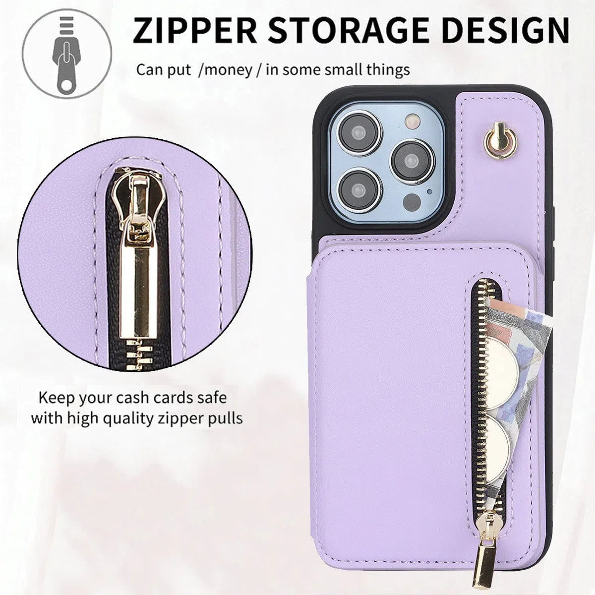 Buy Wallet Crossbody Case for iPhone with RFID Blocking Card Holders Zipper Purse Storage Kickstand Function Detachable Wrist Lanyard Shoulder Strap Shockproof Wallet Case - SCARLETT at Caseles-iPhone 16 Pro Max, Scarlett-LightPurple