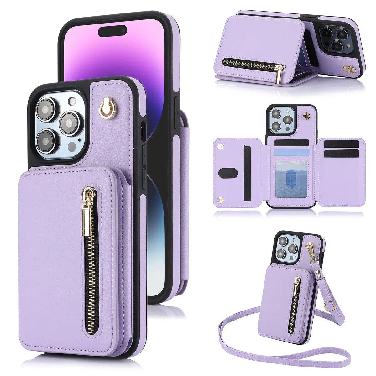 Buy Wallet Crossbody Case for iPhone with RFID Blocking Card Holders Zipper Purse Storage Kickstand Function Detachable Wrist Lanyard Shoulder Strap Shockproof Wallet Case - SCARLETT at Caseles-iPhone 16 Pro Max, Scarlett-LightPurple