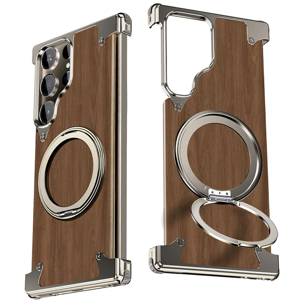 Buy Magnetic Wood Case Compatible with iPhone, Natural Wood & Aluminum Shockproof Protective Cover Unique Wooden Case with 360° Ring Stand, Natural Titanium - WYATT at Caseles-Samsung Galaxy S24 Ultra, Silver