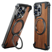 Buy Magnetic Wood Case Compatible with iPhone, Natural Wood & Aluminum Shockproof Protective Cover Unique Wooden Case with 360° Ring Stand, Natural Titanium - WYATT at Caseles-iPhone 16 Pro Max, Black