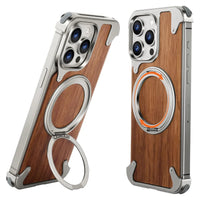 Buy Magnetic Wood Case Compatible with iPhone, Natural Wood & Aluminum Shockproof Protective Cover Unique Wooden Case with 360° Ring Stand, Natural Titanium - WYATT at Caseles-iPhone 16 Pro Max, Silver